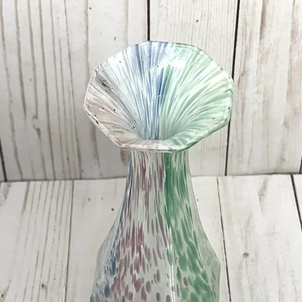 Lavorazione Murano Glass Bud Vase Fluted Twisted-Stem Blue Green Pink Speckled